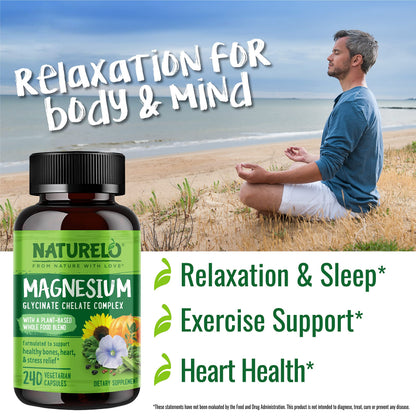 NATURELO Magnesium Glycinate Chelate Complex - 200 mg Magnesium with Organic Vegetables to Support Sleep, Calm, Muscle Cramp & Stress Relief - Gluten Free, Non GMO - 120 Capsules
