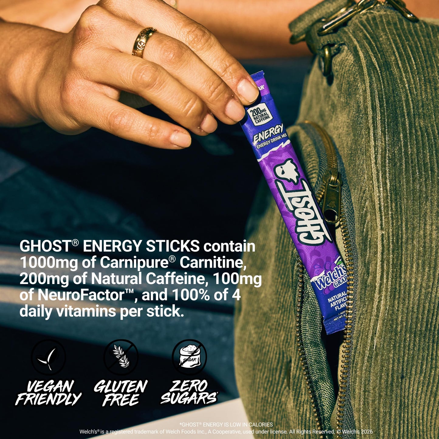 GHOST Sugar-Free Energy Drink Packets, Welch's Grape - 200mg of Natural Caffeine, Daily Vitamins & More, No Artificial Colors - Pre-Workout Energy Drink Mix - 24 On The Go Sticks