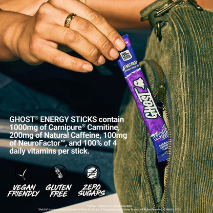 GHOST Sugar-Free Energy Drink Packets, Welch's Grape - 200mg of Natural Caffeine, Daily Vitamins & More, No Artificial Colors - Pre-Workout Energy Drink Mix - 24 On The Go Sticks