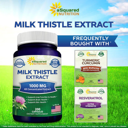 Milk Thistle Supplement - 200 Capsules - Silymarin Extract for Liver Detox | 4X Concentrated Extract - 4:1 Milk Thistle Seed Powder Herb Pills - Support Liver Cleanse - 250mg Per Capsule