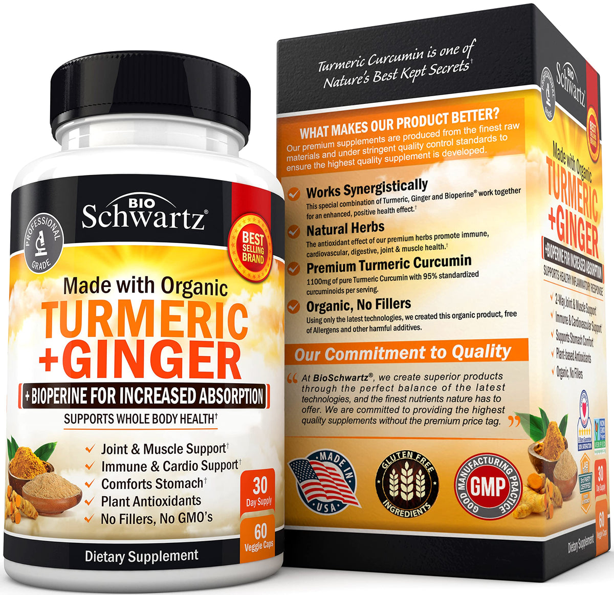 Organic Turmeric Curcumin and Ginger - 95% Standardized Curcuminoids with BioPerine