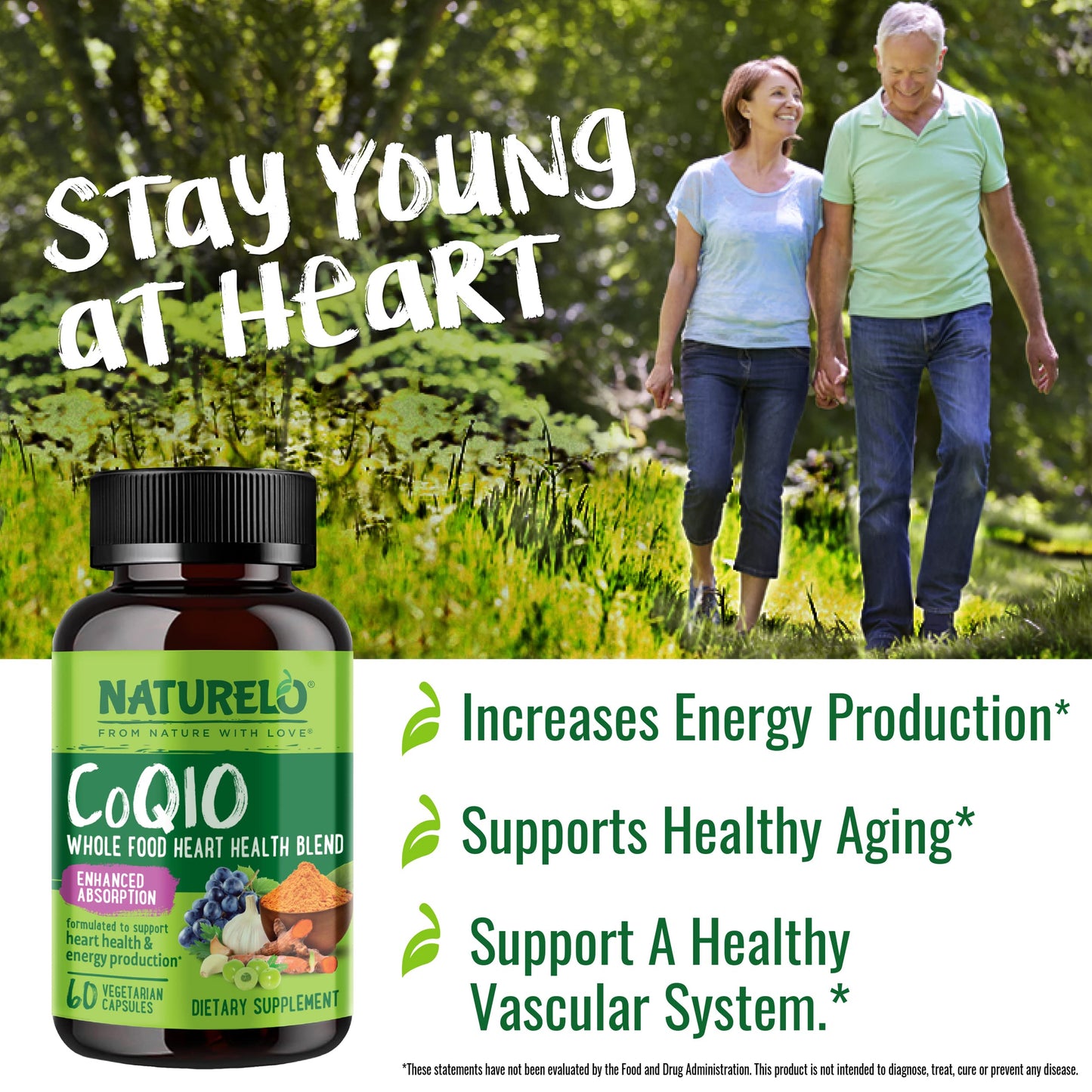 NATURELO Whole Food CoQ10 Supplement, 120 Veg Capsules, Heart Health Blend, Powerful Antioxidant, CoQ10 100mg Supports Energy Production