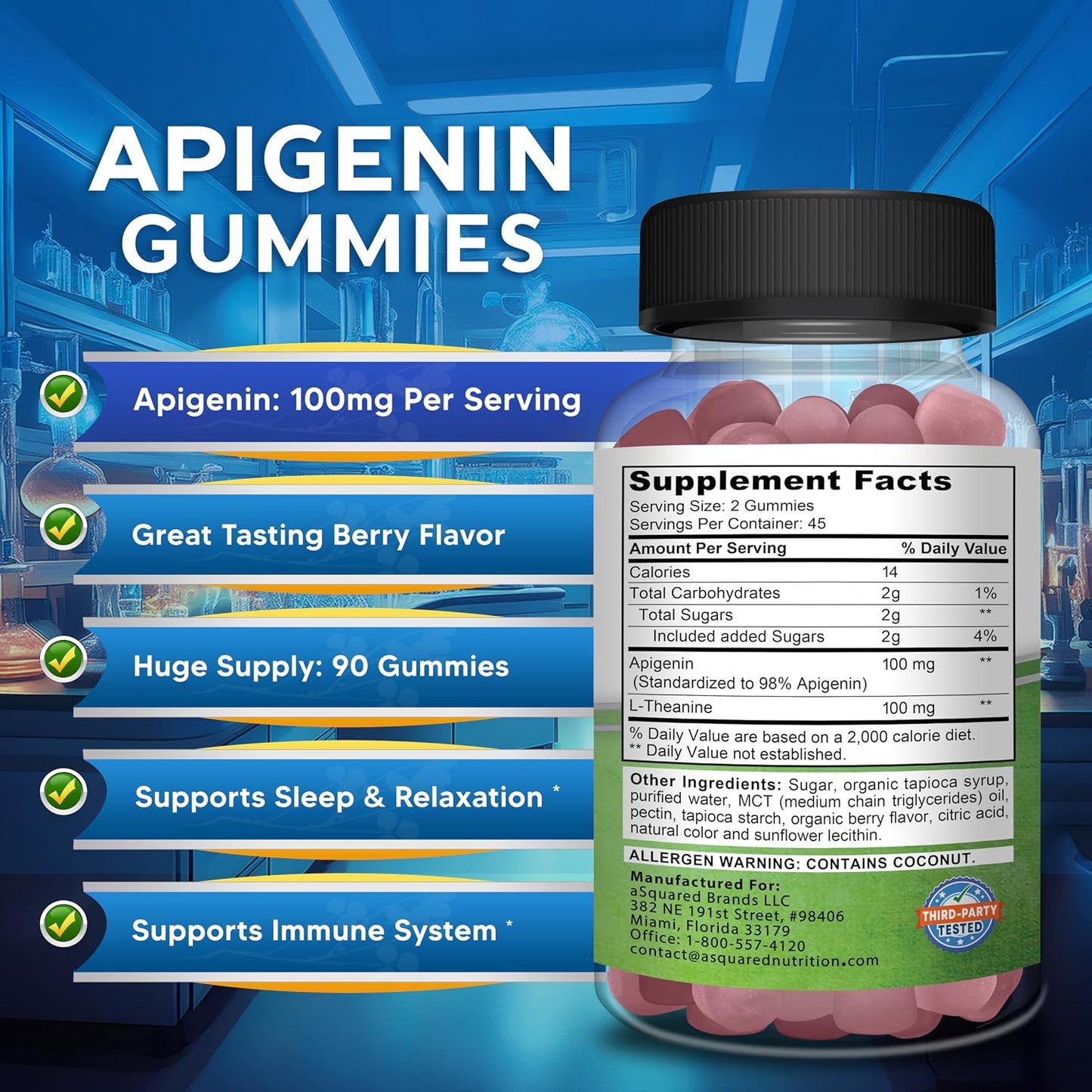 aSquared Nutrition Apigenin 100mg with L-Theanine 100mg Gummies - Apigenin Supplement for Sleep - Natural Extract Gummy Alternative to Capsules, Pills, Powder & Tea - 2 Per Serving