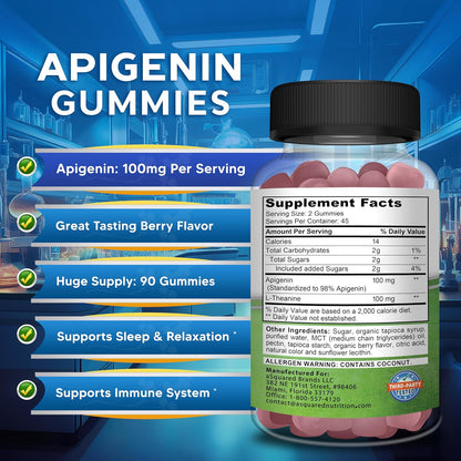aSquared Nutrition Apigenin 100mg with L-Theanine 100mg Gummies - Apigenin Supplement for Sleep - Natural Extract Gummy Alternative to Capsules, Pills, Powder & Tea - 2 Per Serving