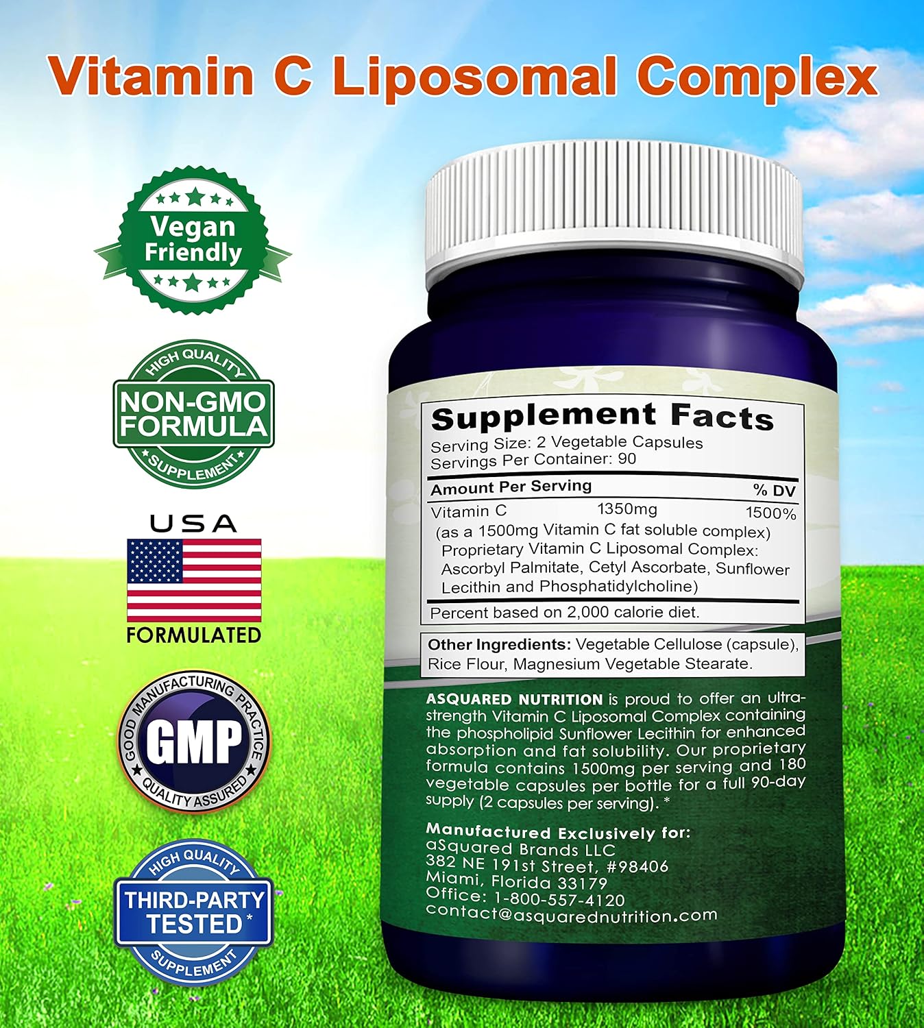 aSquared Nutrition Vitamin C Liposomal Complex - 1500mg Supplement - 180 Capsules - High Absorption VIT C Ascorbic Acid Pills - Supports Immune System & Collagen Health - 90 Servings