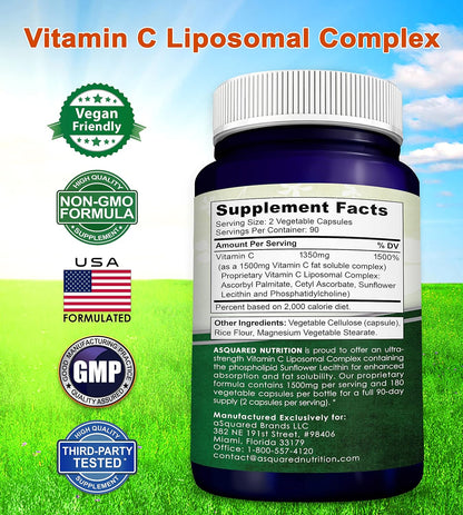 aSquared Nutrition Vitamin C Liposomal Complex - 1500mg Supplement - 180 Capsules - High Absorption VIT C Ascorbic Acid Pills - Supports Immune System & Collagen Health - 90 Servings
