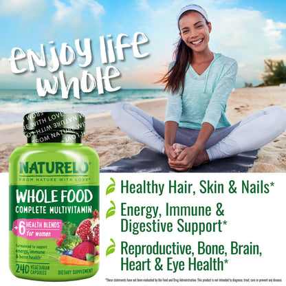 NATURELO Whole Food Multivitamin for Women - with Vitamins, Minerals, & Organic Extracts - Supplement for Energy and Heart Health - Non GMO - 120 Vegan Capsules