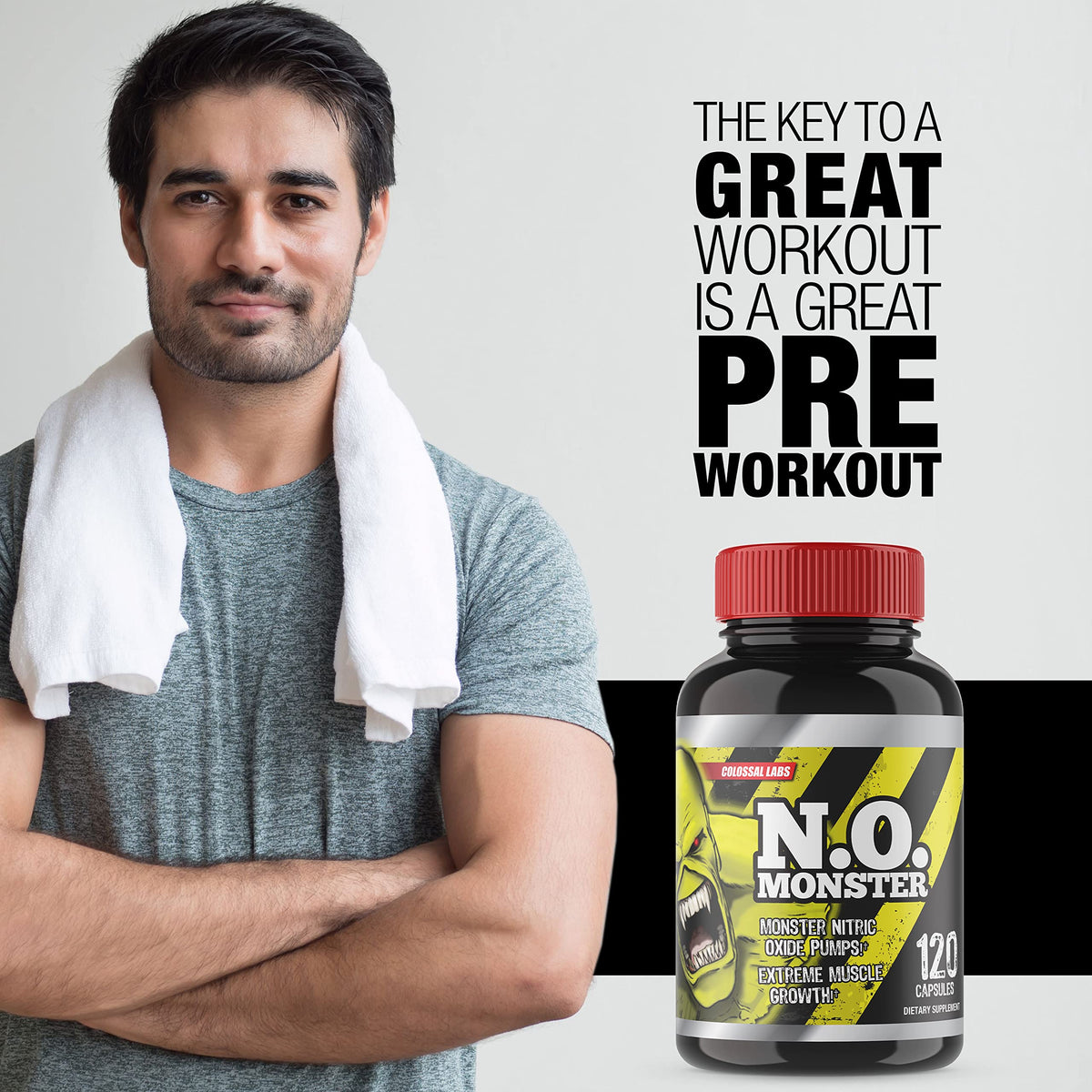 Colossal Labs Nitric Oxide Booster with L-Arginine, Extreme Pumps to Build Strength and Muscle, Pre-Workout, 120 Capsules per Bottle