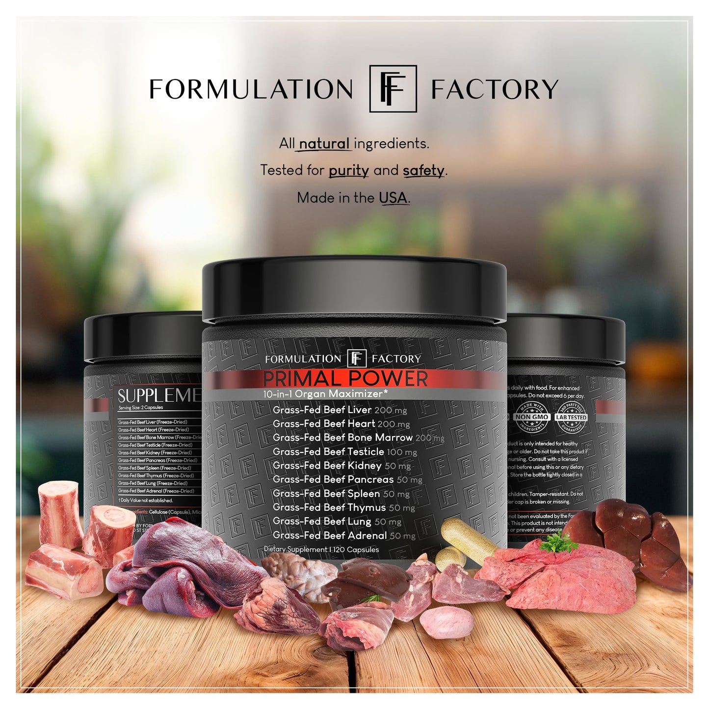 Formulation Factory Primal Power 10-in-1 Grass-Fed Beef Organ Complex with Liver, Heart, Bone Marrow, Orchic, Kidney, Spleen, Pancreas, Adrenals, Thymus & Brain - 120 Capsules