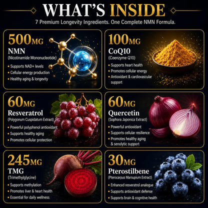NMN 1000mg with Resveratrol, TMG, Pterostilbene, Quercetin, CoQ10, BioPerine - NMN Supplement, NAD Booster, Longevity Formula, Vegan, 120 Capsules