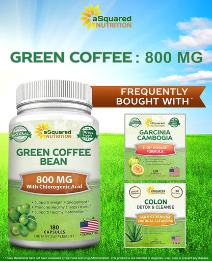 aSquared Nutrition Natural Green Coffee Bean Formula-180 Capsules-Max Strength GCA Antioxidant Cleanse for Pure Weight Loss, 800mg per Pill-Chlorogenic Acid-1600mg Daily Supplement, Healthy Fat Burner