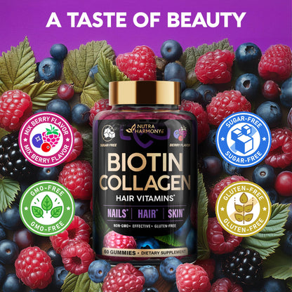 Biotin Gummies with Collagen - Hair Growth Support, Skin, & Nail Strength - for Women & Men - Biotin 10000mcg | Keratin | Hyaluronic Acid | B-Complex | Nettle - Sugar-Free, Mixed Berry, 60 Gummies
