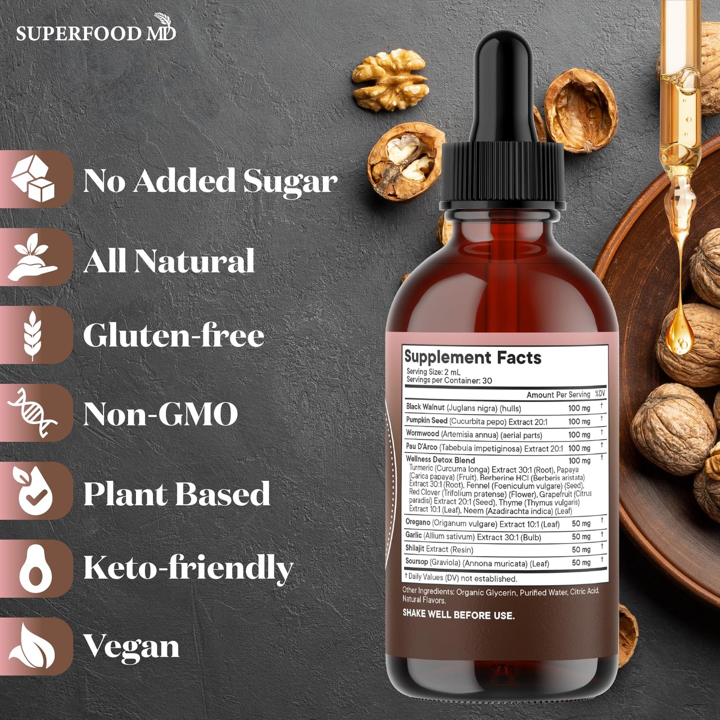 Wormwood Black Walnut Cleanse for Humans Drops Liquid Soursop Garlic Pumpkin Seed PAU D'Arco Oil of Oregano Turmeric Berberine Neem Extract Hull Bark Tincture - 4 oz