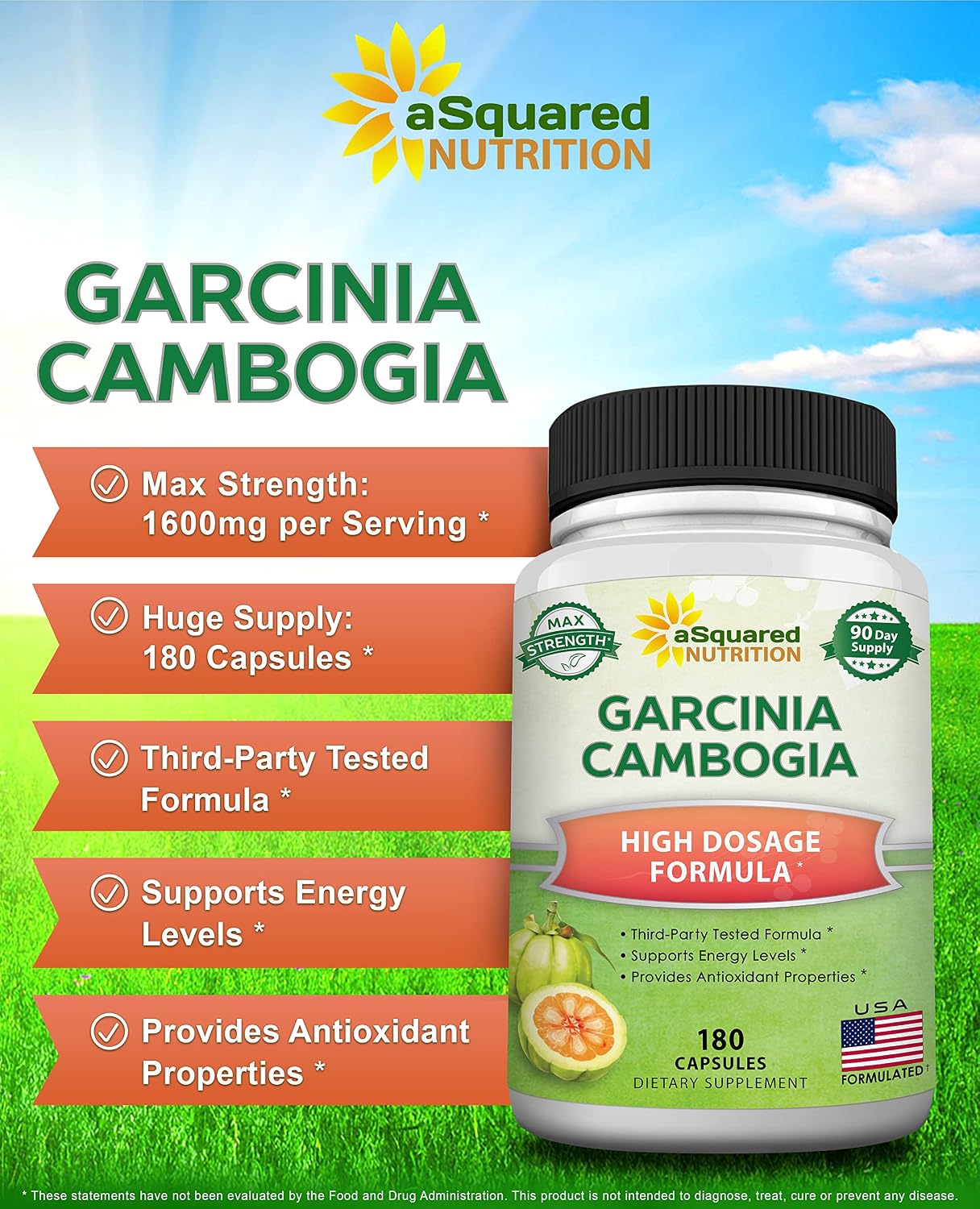 aSquared Nutrition Garcinia Cambogia - 1600mg/Serving - 180 Capsules | Standardized HCA Supplement - Natural Pure Extract Pills Alternative to Gummies, Drops, Tea & Powder