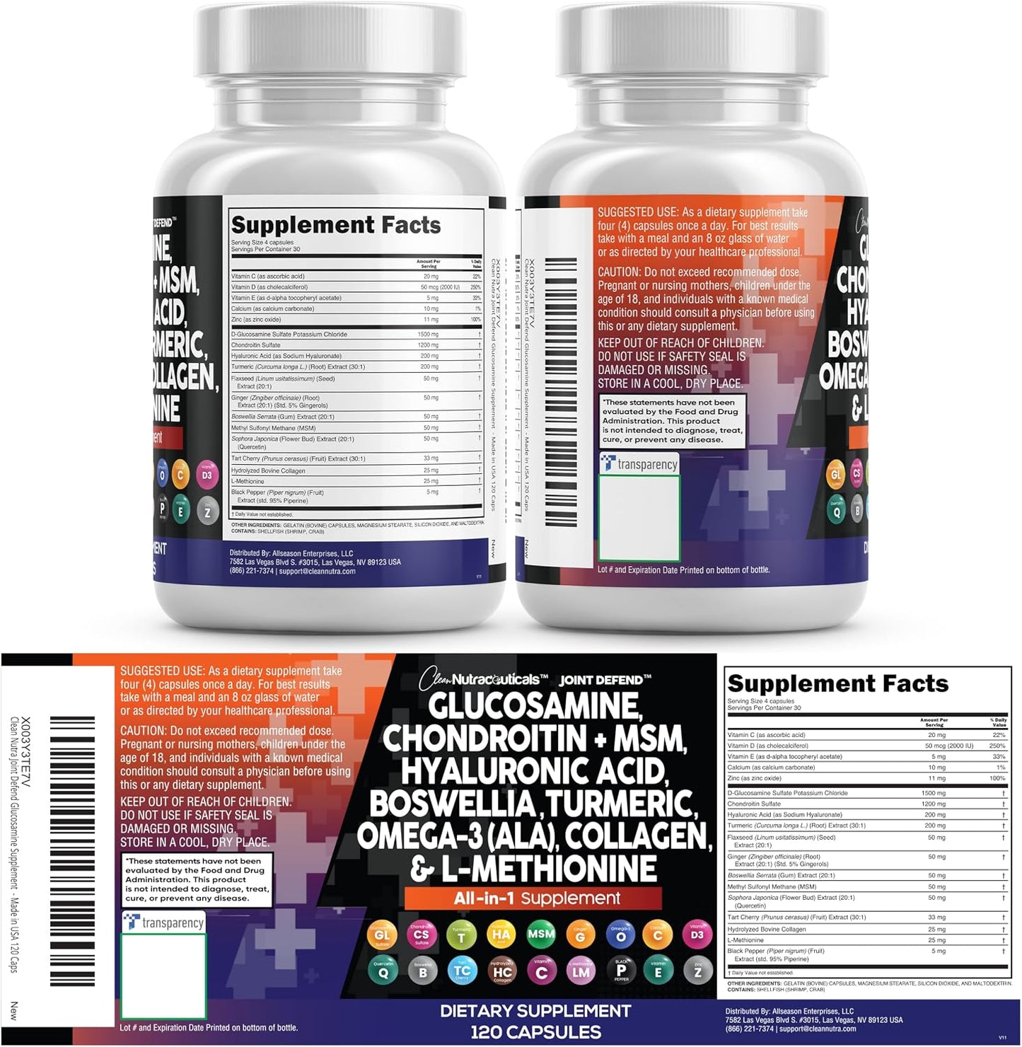 Clean Nutraceuticals Glucosamine 1500mg Chondroitin 1200mg MSM with Turmeric Curcumin, Collagen, Hyaluronic Acid, Omega 3 – Joint Health Supplement for Men & Women – Joint Complex – 120 Count