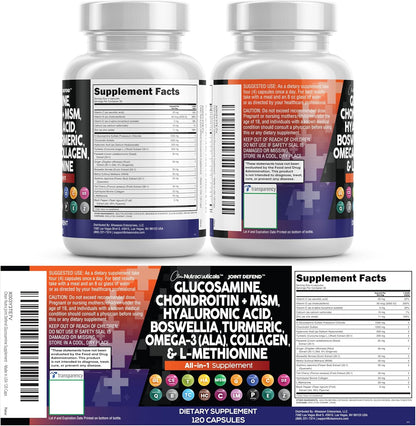 Clean Nutraceuticals Glucosamine 1500mg Chondroitin 1200mg MSM with Turmeric Curcumin, Collagen, Hyaluronic Acid, Omega 3 – Joint Health Supplement for Men & Women – Joint Complex – 120 Count