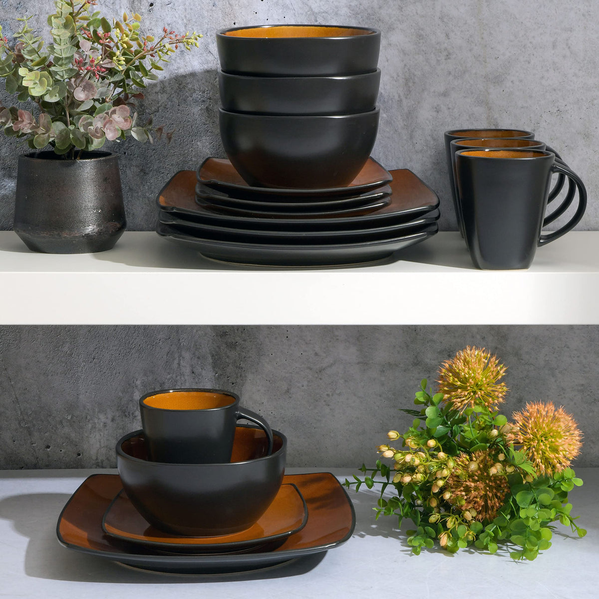 Gibson Soho Lounge Square Reactive Glaze Stoneware Dinnerware Set, Service for 4