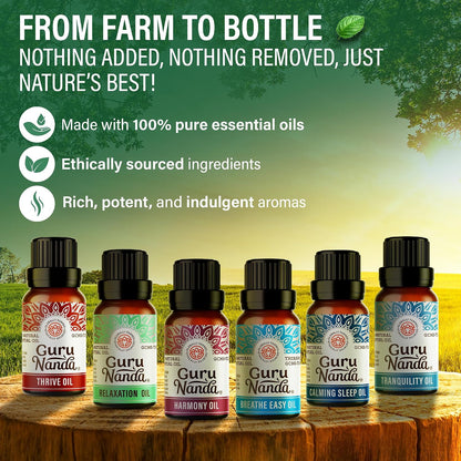 GuruNanda Essential Oil Blends – 6 Pack (10mL Each), Breathe Easy, Tranquility, Relaxation, Harmony, Calming Sleep & Thrive, Natural Aromatherapy Oils for Diffuser, Wellness & DIY