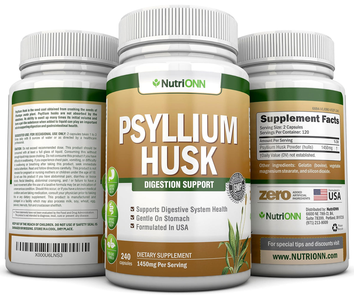 NutriONN PSYLLIUM Husk Capsules - 1450mg Per Serving - 240 Capsules - Double Strength