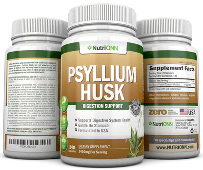 NutriONN PSYLLIUM Husk Capsules - 1450mg Per Serving - 240 Capsules - Double Strength