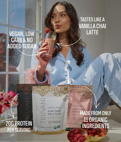 Truvani Organic Plant Based Protein Powder | Strawberry | 10 Servings | Vegan | 20g Pea Protein | Single Serving Travel Packets | Keto | Gluten & Dairy Free | Low Carb
