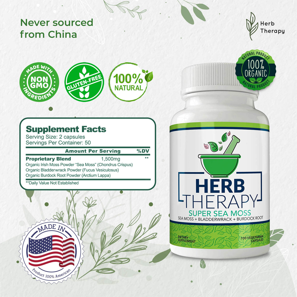 Herb Therapy Sea Moss Capsules 100 Pack - Irish Sea Moss with Bladderwrack
