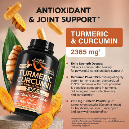 Turmeric Curcumin Supplement 2365 mg - Turmeric with Ginger & Black Pepper - Highly Bioavailable & Extra Strength 95% Curcuminoids - Antioxidant, Immunity & Joint Support - Lab Tested - 120 Capsules