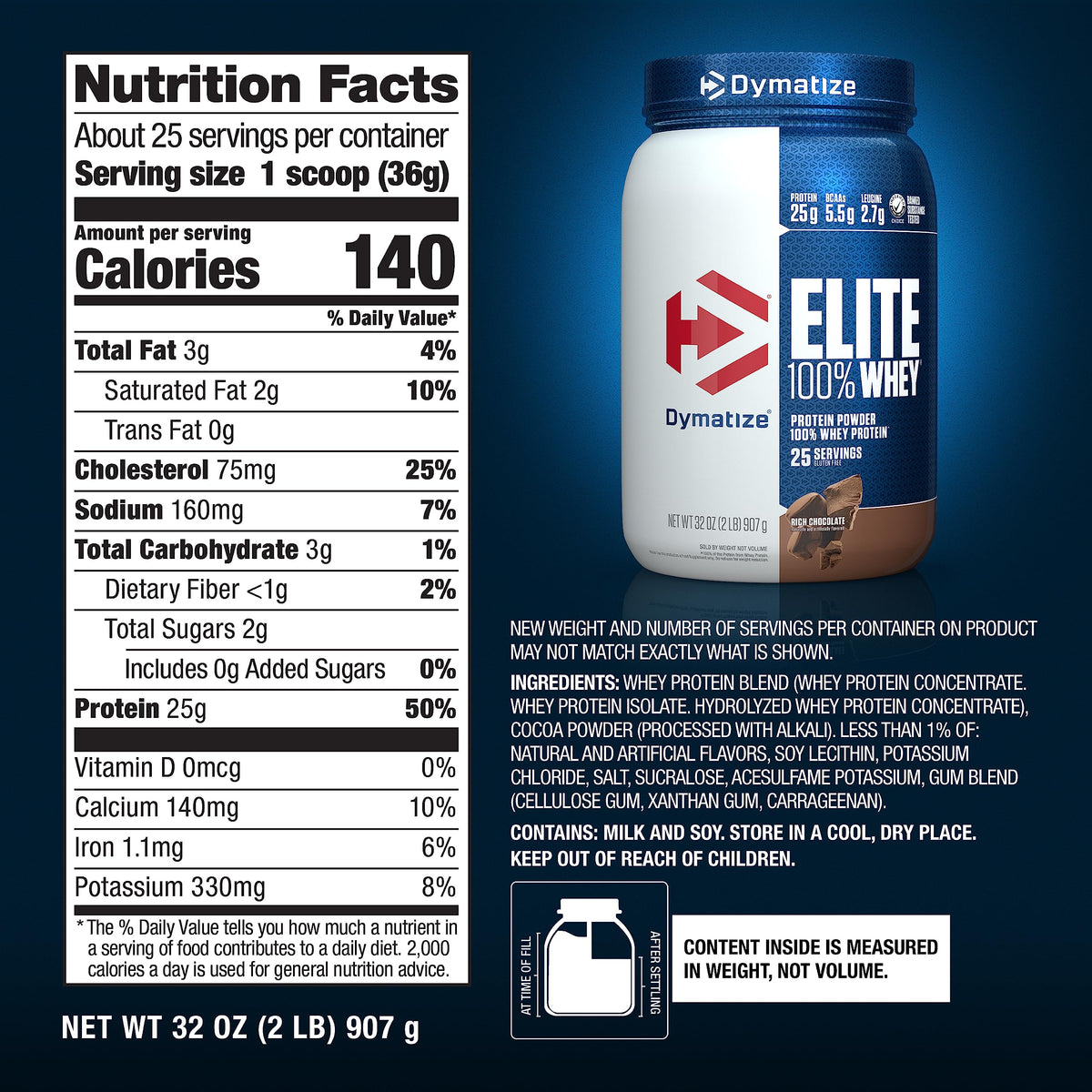 Dymatize Elite 100% Whey Protein Powder, 25g Protein, 5.5g BCAAs & 2.7g L-Leucine