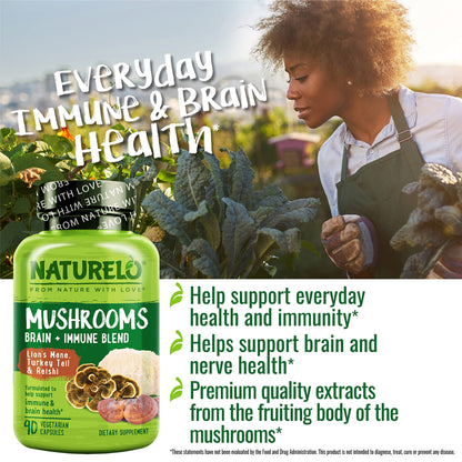 NATURELO Mushroom Supplement Capsules, 90 Ct, Brain & Immune Support, Vegan-Friendly, Lions Mane Supplement Capsules, Lion’s Mane, Reishi, Turkey Tail Blend