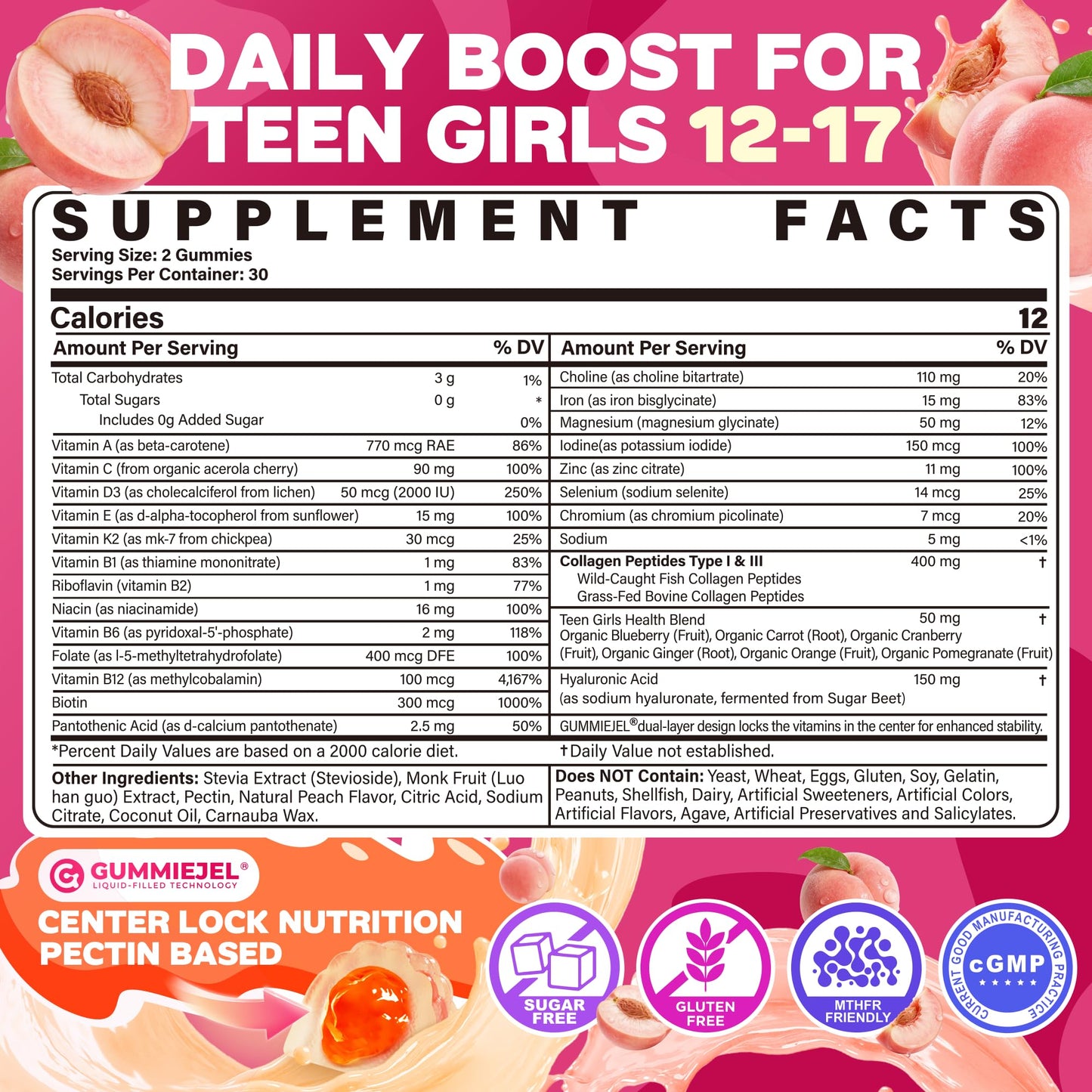 Methylated Multivitamin Gummies for Teen Girls 12-17, Methylfolate, Iron, Collagen, D3 K2, Magnesium, Zinc, Daily Vitamins A C E, B Complex for Teenager Growth, Skin, Bone, Energy - Sugar Free, 60 Cts