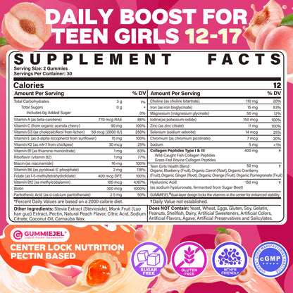 Methylated Multivitamin Gummies for Teen Girls 12-17, Methylfolate, Iron, Collagen, D3 K2, Magnesium, Zinc, Daily Vitamins A C E, B Complex for Teenager Growth, Skin, Bone, Energy - Sugar Free, 60 Cts