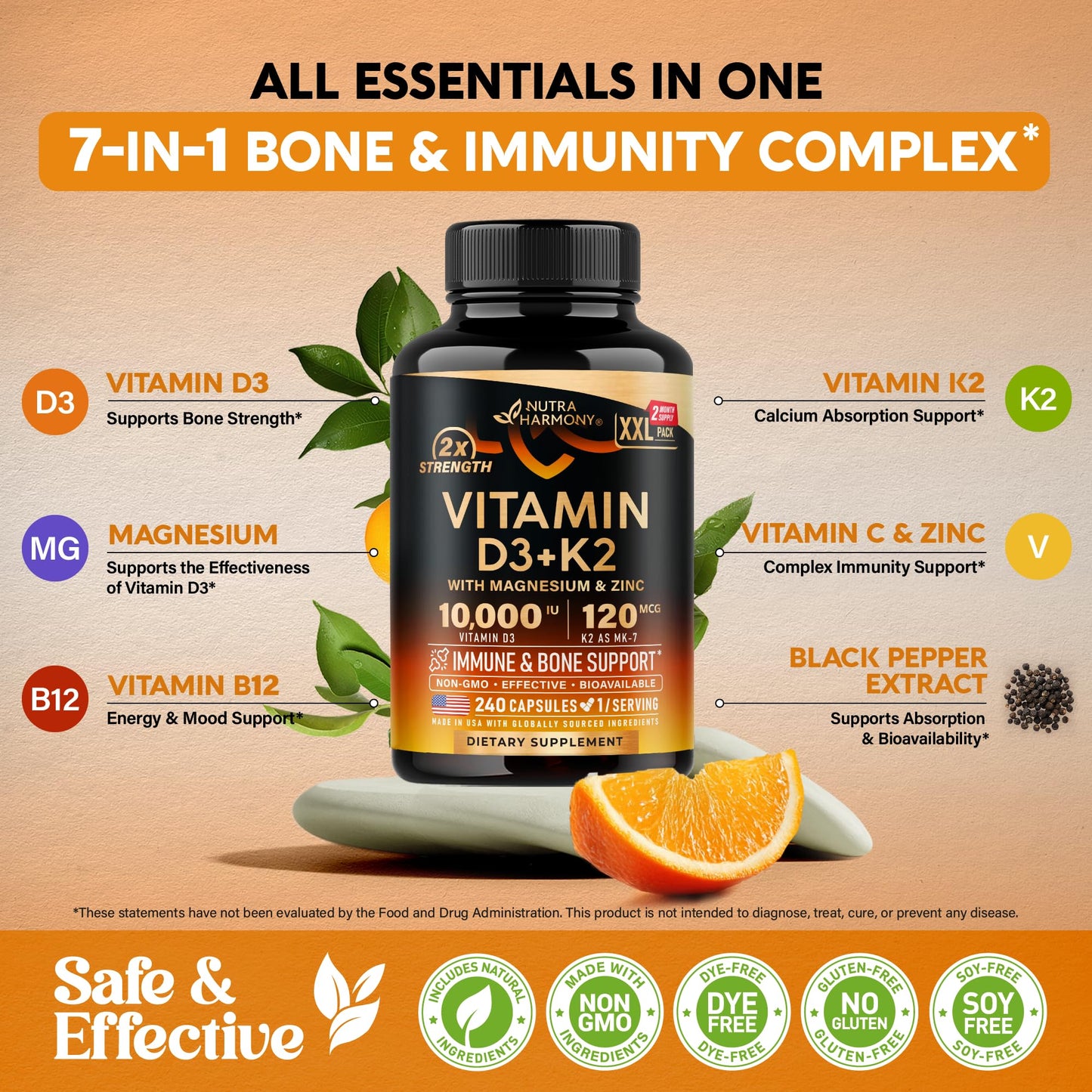 Vitamin D3 K2 - Vitamin D3 10000 iu & K2 as MK-7 120 mcg - Immune & Mood Support, for Bone & Teeth Health - with Magnesium, Zinc & Vitamin C & B12 - Highly Bioavailable - Gluten Free, 120 Capsules