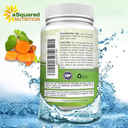 aSquared Nutrition Turmeric Curcumin 1600mg with BioPerine Black Pepper Extract - 180 Capsules with 95% Curcuminoids, 100% Natural Tumeric Root Powder Supplements, Natural Joint Stiffness Relief Pills