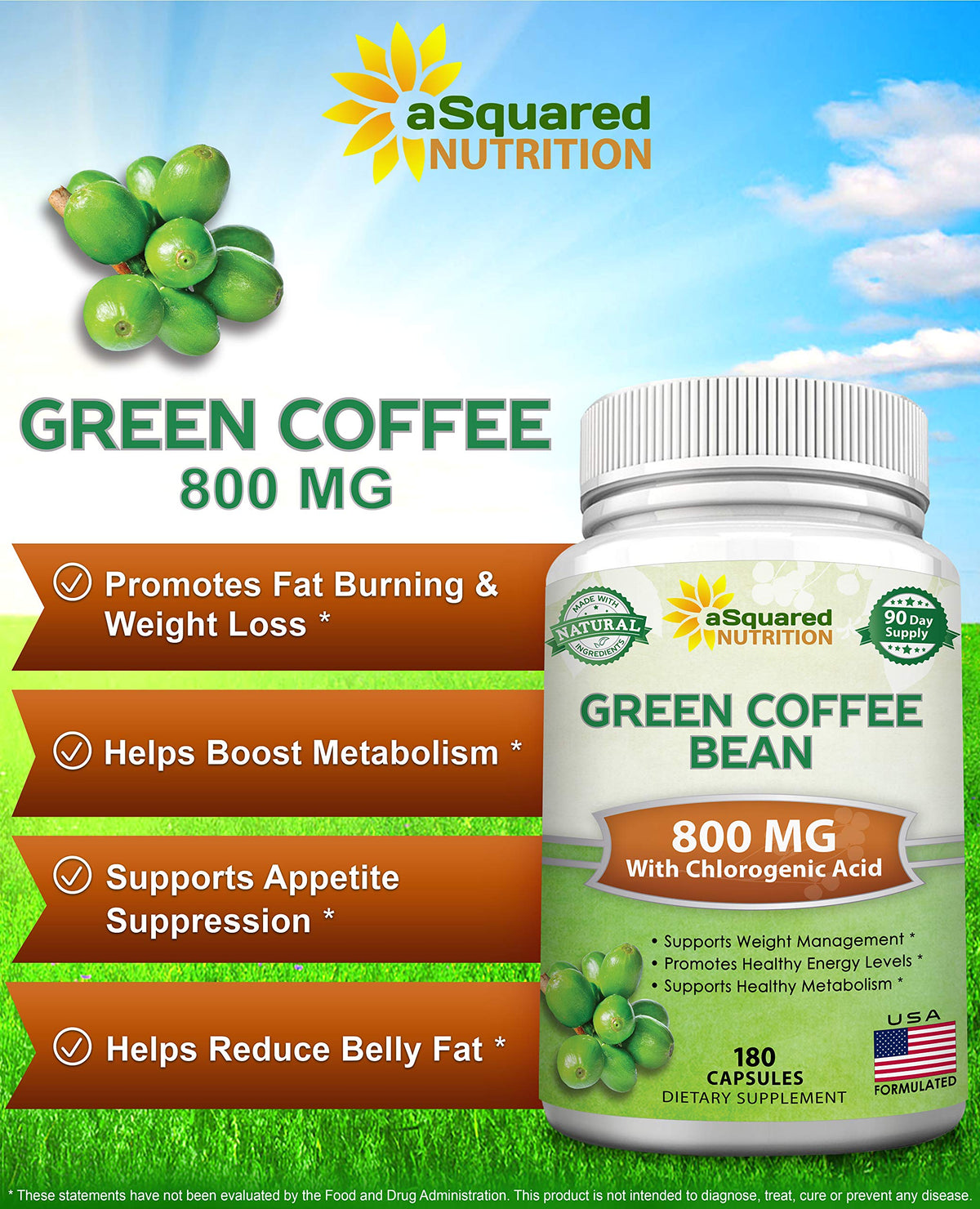 aSquared Nutrition Natural Green Coffee Bean Formula-180 Capsules-Max Strength GCA