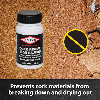 Kelly's Cork Renew Sealer (2.2 fl oz) - Waterproof & Protect Cork Surfaces w/ Brush Applicator - Water Based Formula Dries Clear, Prevents Drying & Breaking Down of Sandles, Shoes, Fishing Rod, Coasters