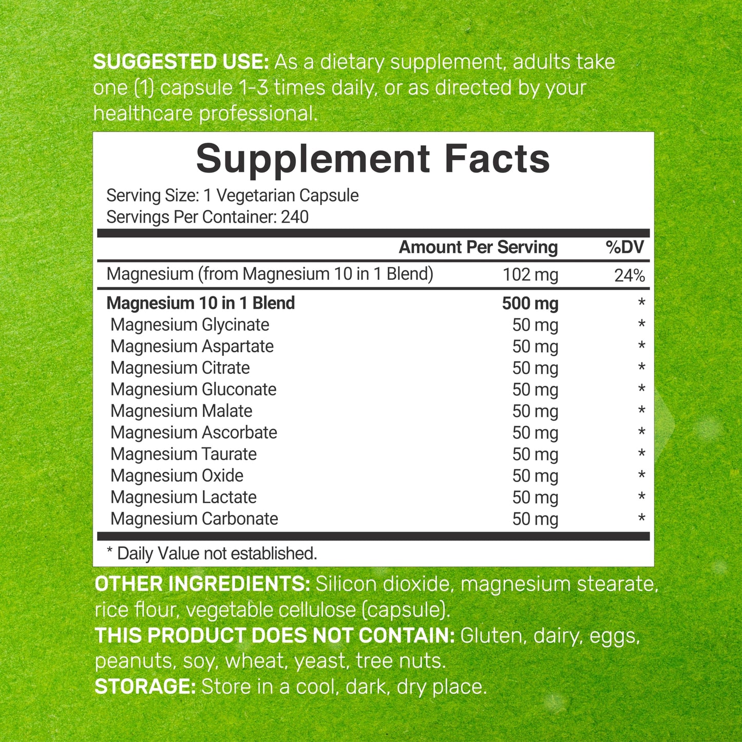 Magnesium Complex 500mg, 240 Veggie Capsules – 10-in-1 Glycinate, Citrate, Malate, Oxide, & More – 100% Chelated for Easy Absorption – Essential Mineral Supplement – Non-GMO