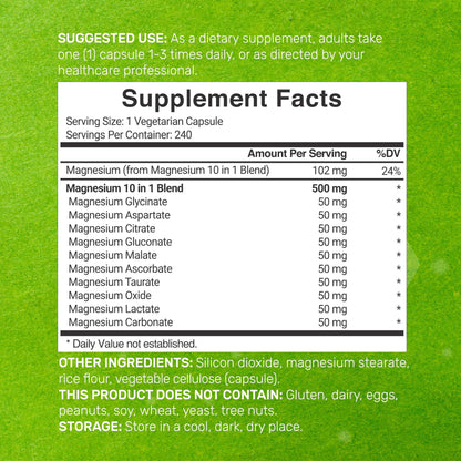 Magnesium Complex 500mg, 240 Veggie Capsules – 10-in-1 Glycinate, Citrate, Malate, Oxide, & More – 100% Chelated for Easy Absorption – Essential Mineral Supplement – Non-GMO