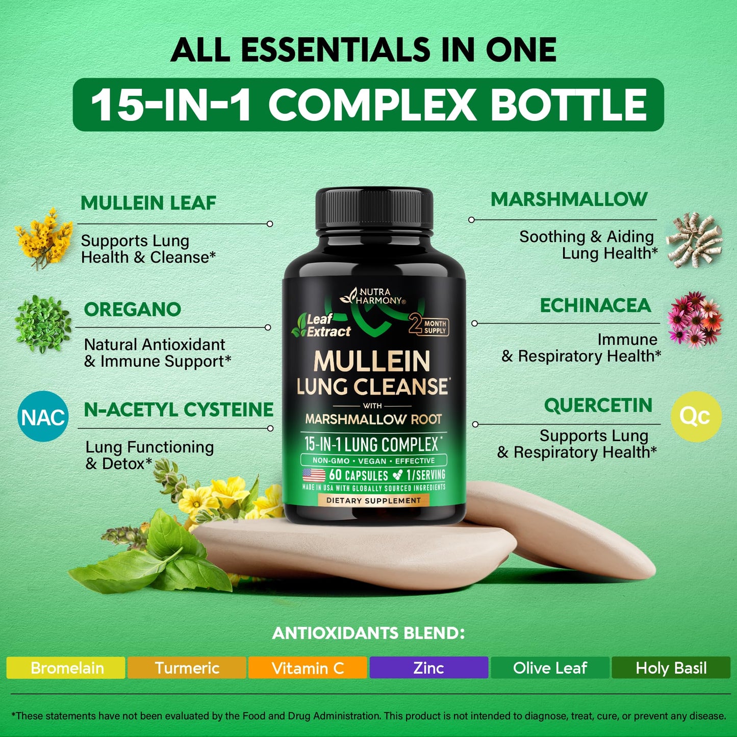 Mullein Lung Detox - Mullein Leaf 10:1 Extract - Marshmallow Root | Echinacea | Oregano | Quercetin | NAC - 15-in-1 Lung Support & Cleanse for Smokers Supplement - for Women & Men - 60 Vegan Capsules