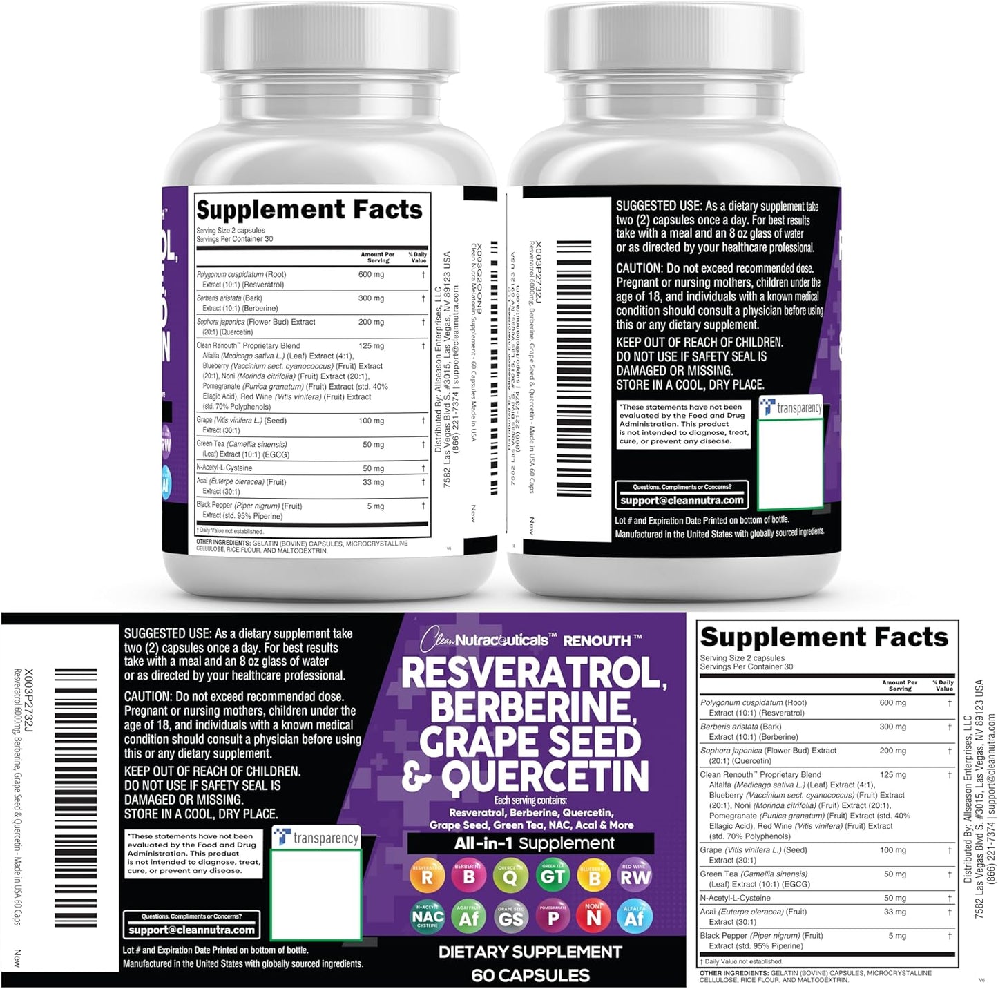Clean Resveratrol Supplement | Berberine Grape Seed Extract Quercetin Green Tea Extract Acai Noni Polyphenol Supplement for Women & Men N-Acetyl Cysteine