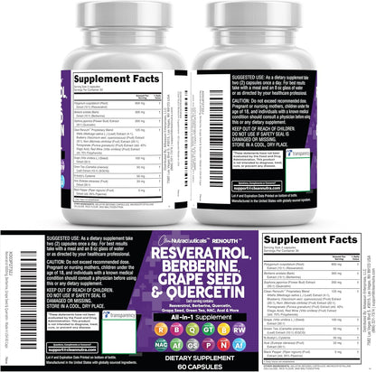 Clean Resveratrol Supplement | Berberine Grape Seed Extract Quercetin Green Tea Extract Acai Noni Polyphenol Supplement for Women & Men N-Acetyl Cysteine