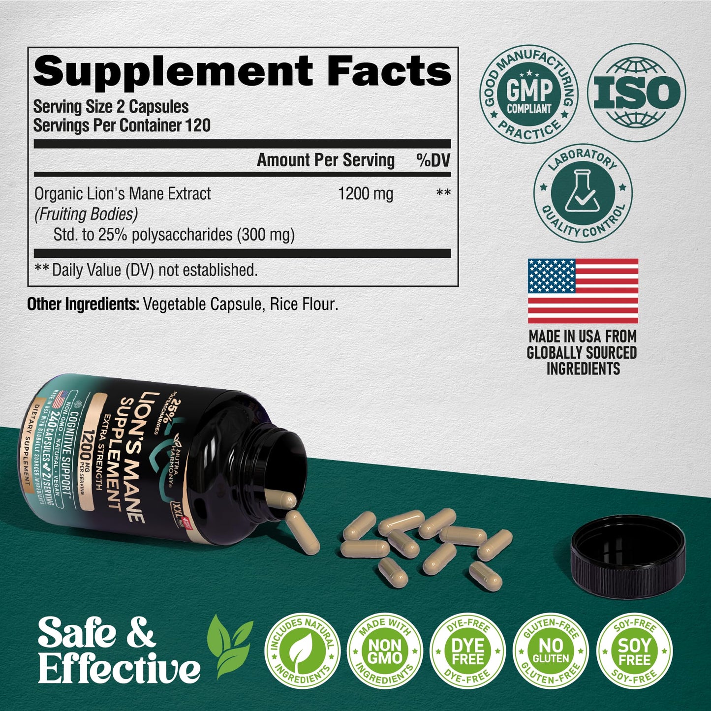 Lions Mane Supplement Capsules - for women & Men - Organic Lions Mane - Fruiting Bodies Extract - 1200 mg, 25% Polysaccharides - Memory & Focus Support - As Lions Powder - 120 Capsules, 2 Month Supply
