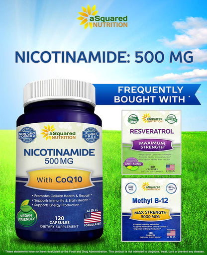 Nicotinamide with CoQ10 (120 Capsules) - Vitamin B3 500mg (Niacinamide Flush Free) - Coenzyme Q10 Powder - VIT B-3 & Coq 10 Supplement Pills to Support Energy, NAD, & Skin Cell Health