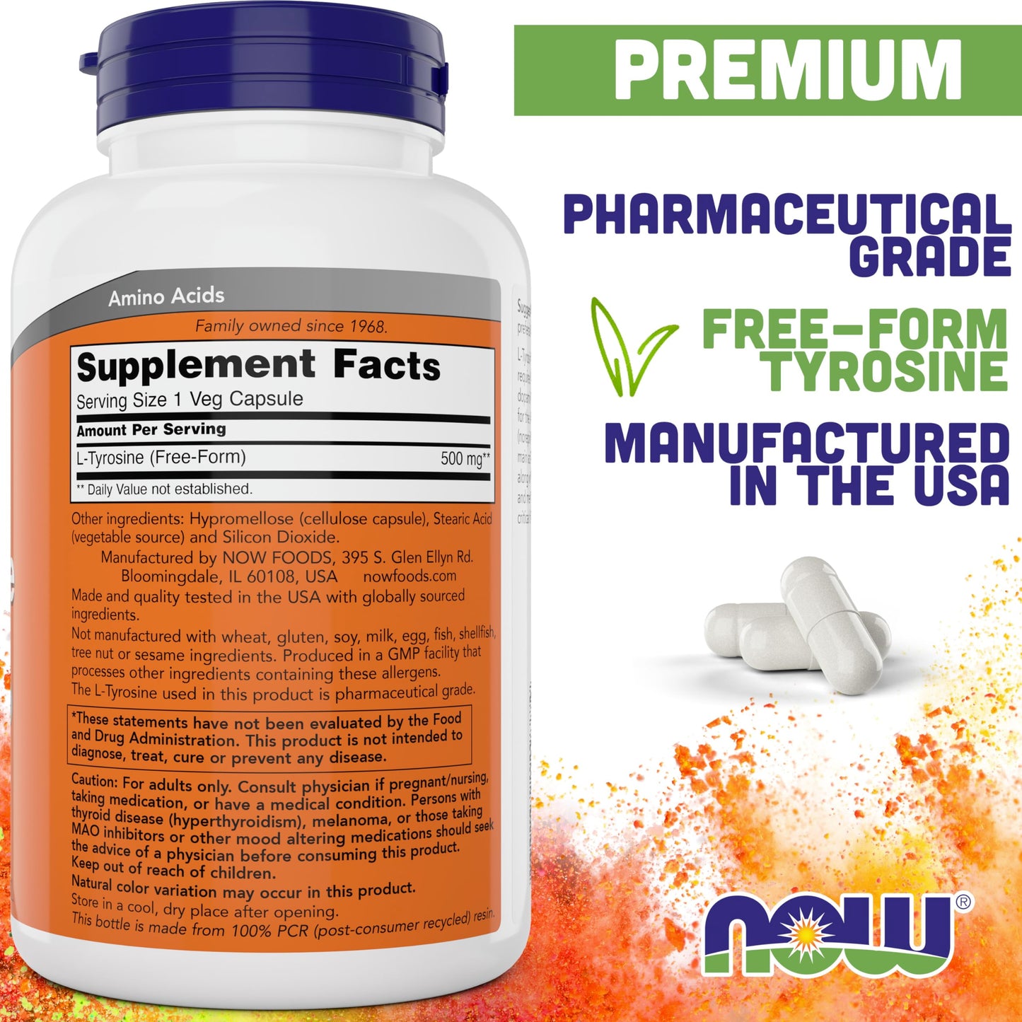 NOW Supplements, L-Tyrosine 500 mg, Supports Mental Alertness*, Neurotransmitter Support*, 120 Capsules