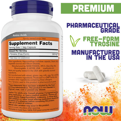 NOW Supplements, L-Tyrosine 500 mg, Supports Mental Alertness*, Neurotransmitter Support*, 120 Capsules