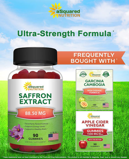 aSquared Nutrition Saffron Gummies - Saffron Extract Supplement - Pure Gummy Supplements Alternative to Capsules, Pills, Powder & Tea
