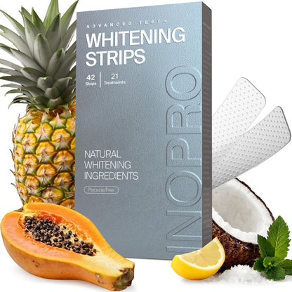 InoPro Natural Teeth Whitening Strips Kit 14 Treatments - Sensitive Teeth Whitener, Peroxide Free with Papain, Bromelain, Coconut Oil, White Strips for Teeth Whitening (28 Strips)