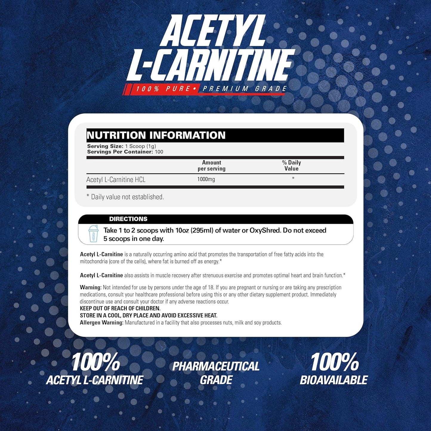 EHP Labs Acetyl L Carnitine Powder - Supports Natural Energy Production, Assists in Healthy Brain Function, Supports Heart Health, Vegan, Gluten Free, Non GMO - 100 Servings