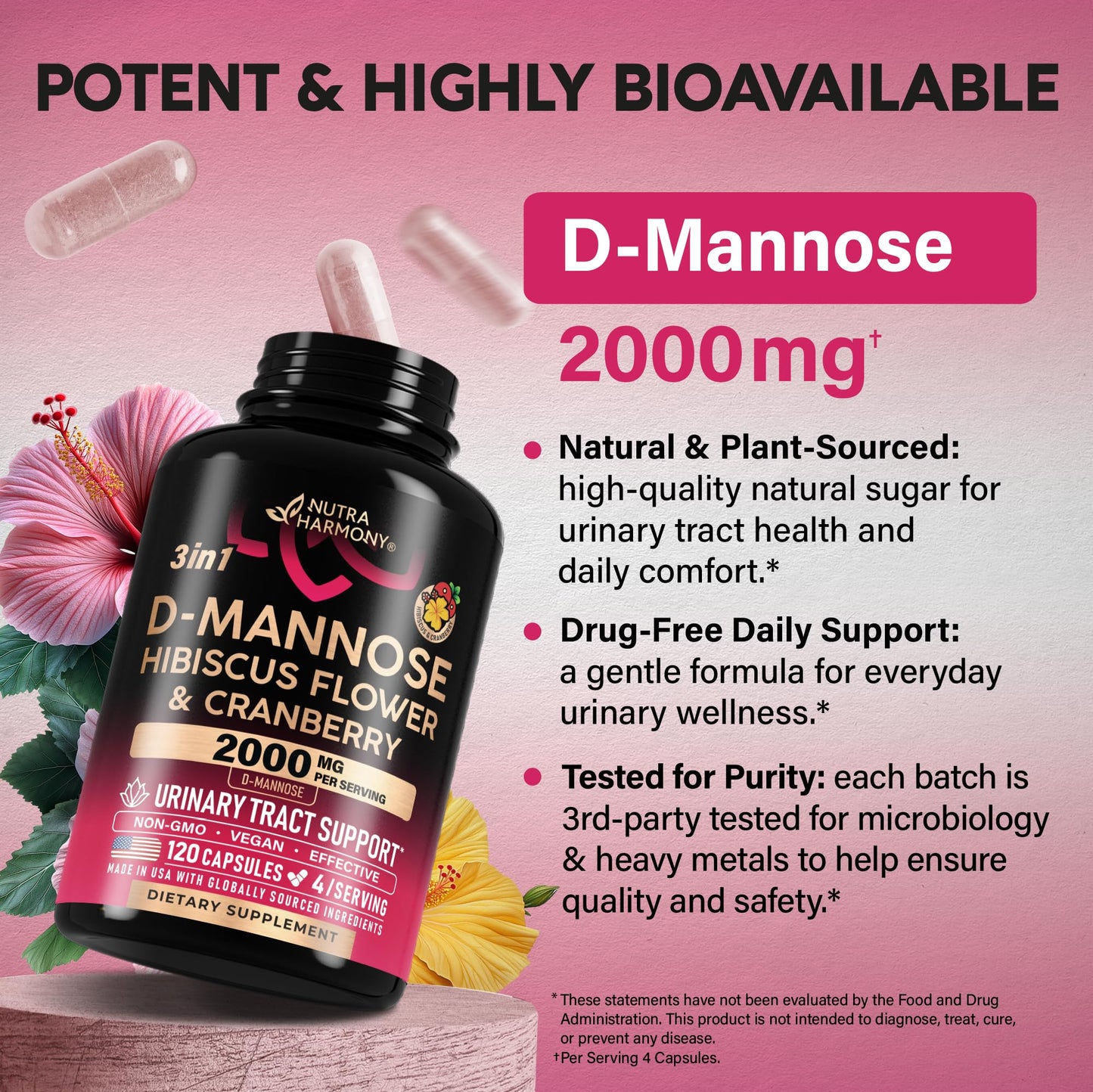 D-Mannose 2000mg with Cranberry & Hibiscus - Clinically Tested Strength for Urinary Tract Health - Supplement for Women - Bladder, Liver & Microflora Support - Lab Tested - Vegan, 120 Capsules
