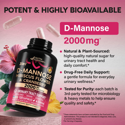 D-Mannose 2000mg with Cranberry & Hibiscus - Clinically Tested Strength for Urinary Tract Health - Supplement for Women - Bladder, Liver & Microflora Support - Lab Tested - Vegan, 120 Capsules