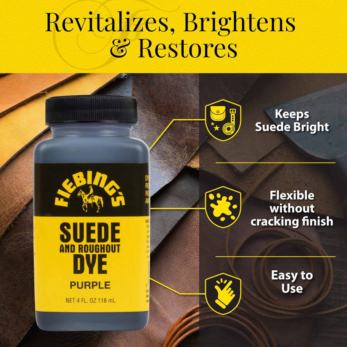 Fiebing's Black Suede Dye (4 oz) - Recolor, Brighten & Restore Suede & Roughout Leather Shoes, Furniture, Purse - Includes Wool Dauber for Easy Application - Flexible When Dry, Won't Crack or Peel